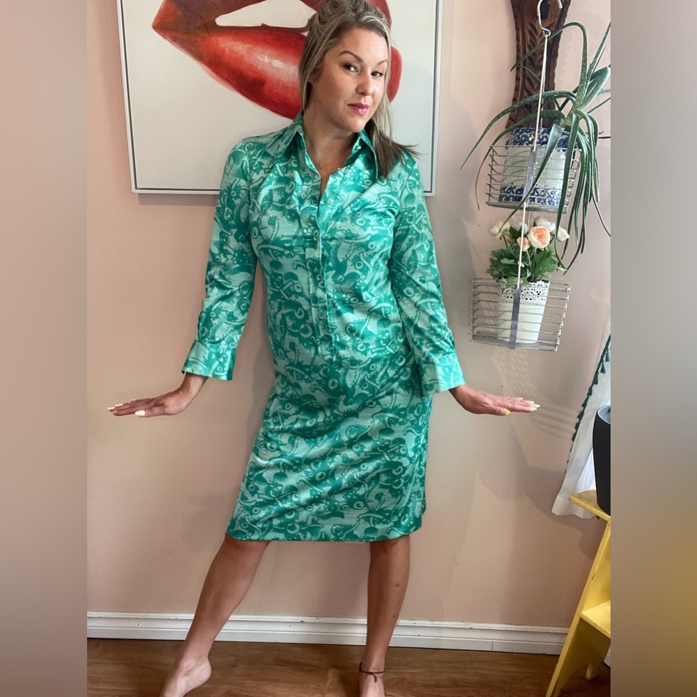 Vintage 70s Turquoise 'Lanvin' Dagger Collar Midi Shirtdress Size Med Lg